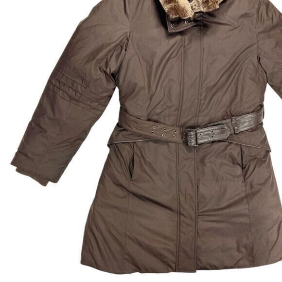 Anne Klein Rabbit Fur Trimmed Coat Sz M Brown Down Filled Belted Classic Jacket - Picture 3 of 16
